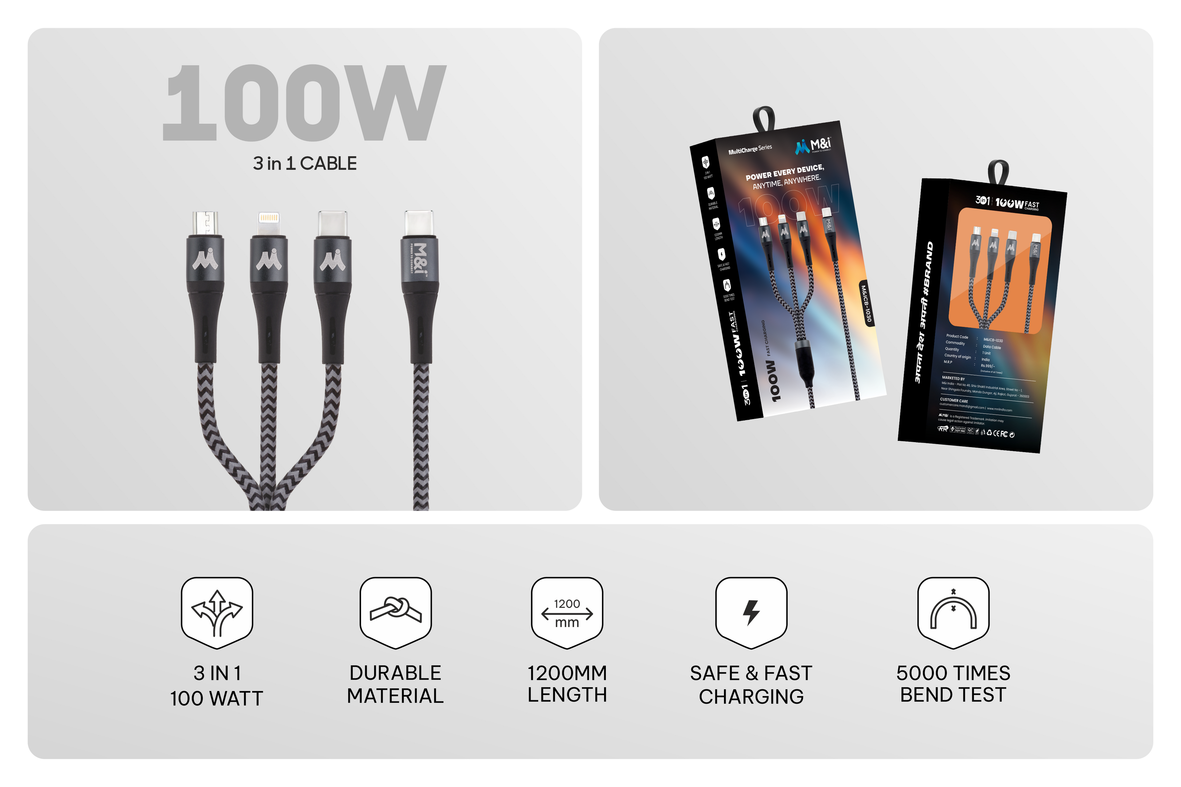 M&I 1030 3 IN 1 (Multicharge Series) 100W 3-in-1 Cable